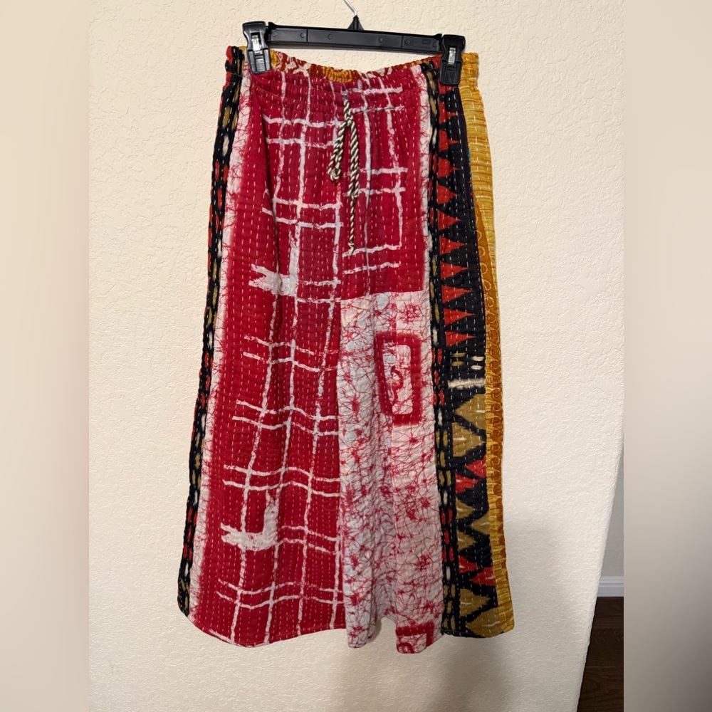 Kantha (patched cloth) wide leg pant elastic waist with drawstring